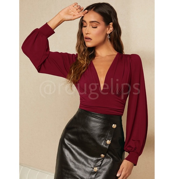 Burgundy Elegant V neck Bodysuit Long Bishop Sleeves Stretchy Ruched Waist - Picture 5 of 8